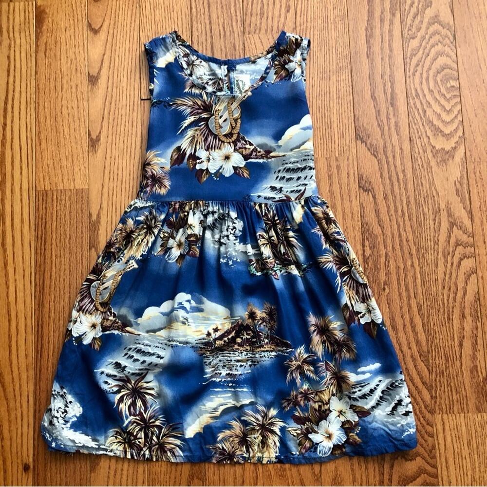 Hawaiian Original A-line Tropical Floral Blue Tan Brown Dress Girl’s Size S